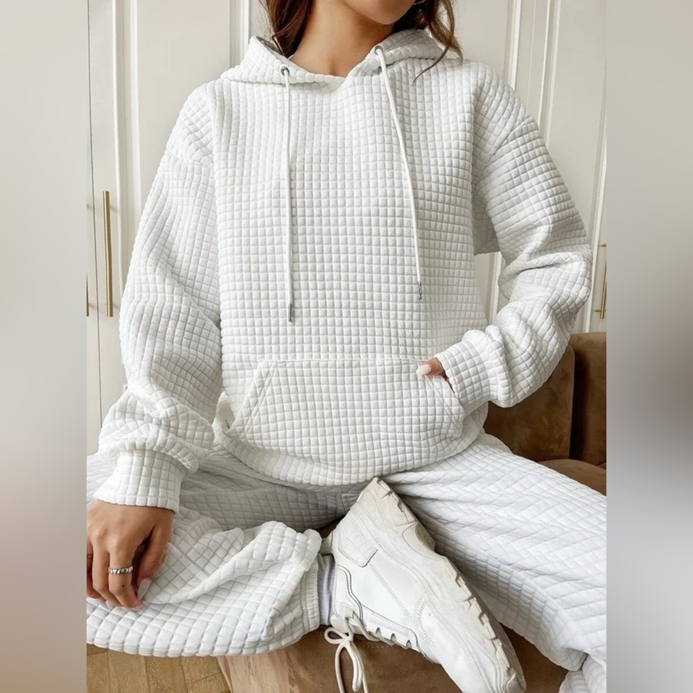 Waffle Knit Hoodie with Drawstring Details